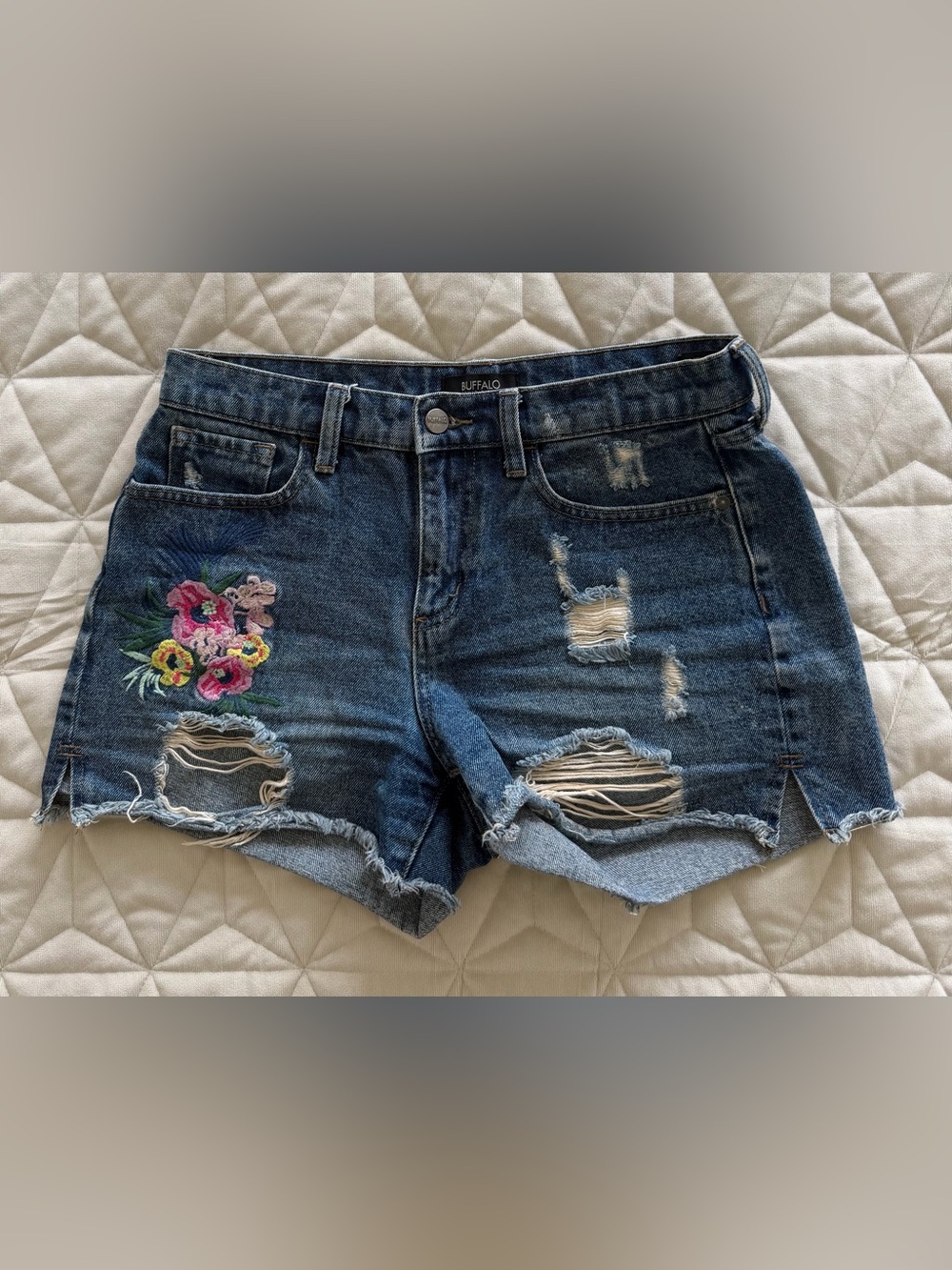 Buffalo David Bitton Blue Distressed Denim Shorts with Floral Embroidery - Picture 4 of 5